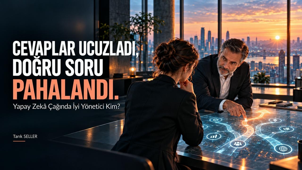 Cevaplar Ucuzladı, Doğru Soru Pahalandı — gün batımında ofiste yönetici ve ekip arkadaşı strateji masasında