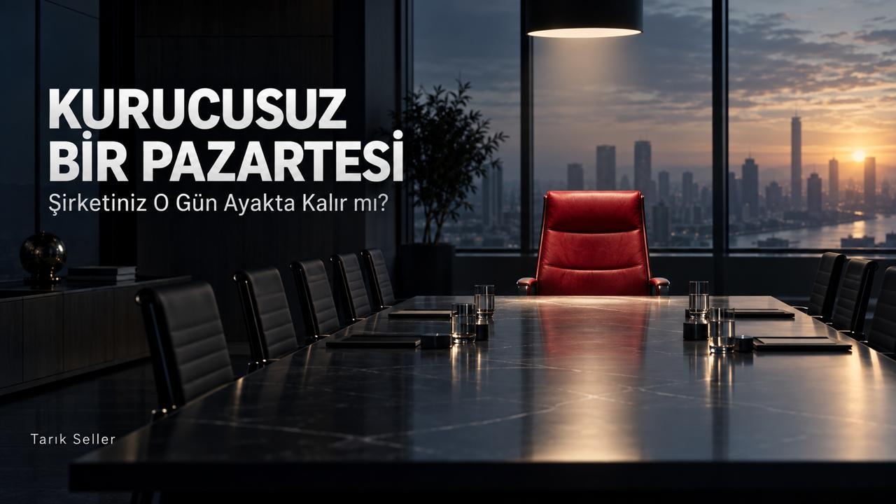 Kurucusuz Bir Pazartesi: Şirketiniz O Gün Ayakta Kalır mı? — boş yönetim kurulu masasında kırmızı kurucu koltuğu